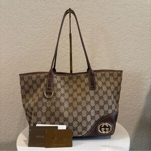 Gucci Beige Brown GG Canvas Tote with Dark Brown Leather Trim